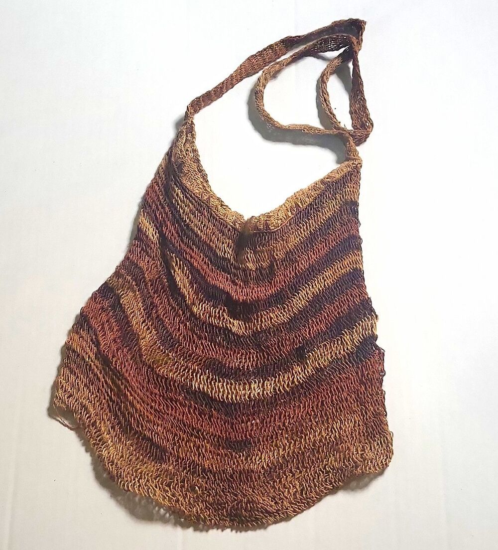 Brown Tan Striped Woven Hemp Shoulder Bag Handbag 18x11x5in 13in drop